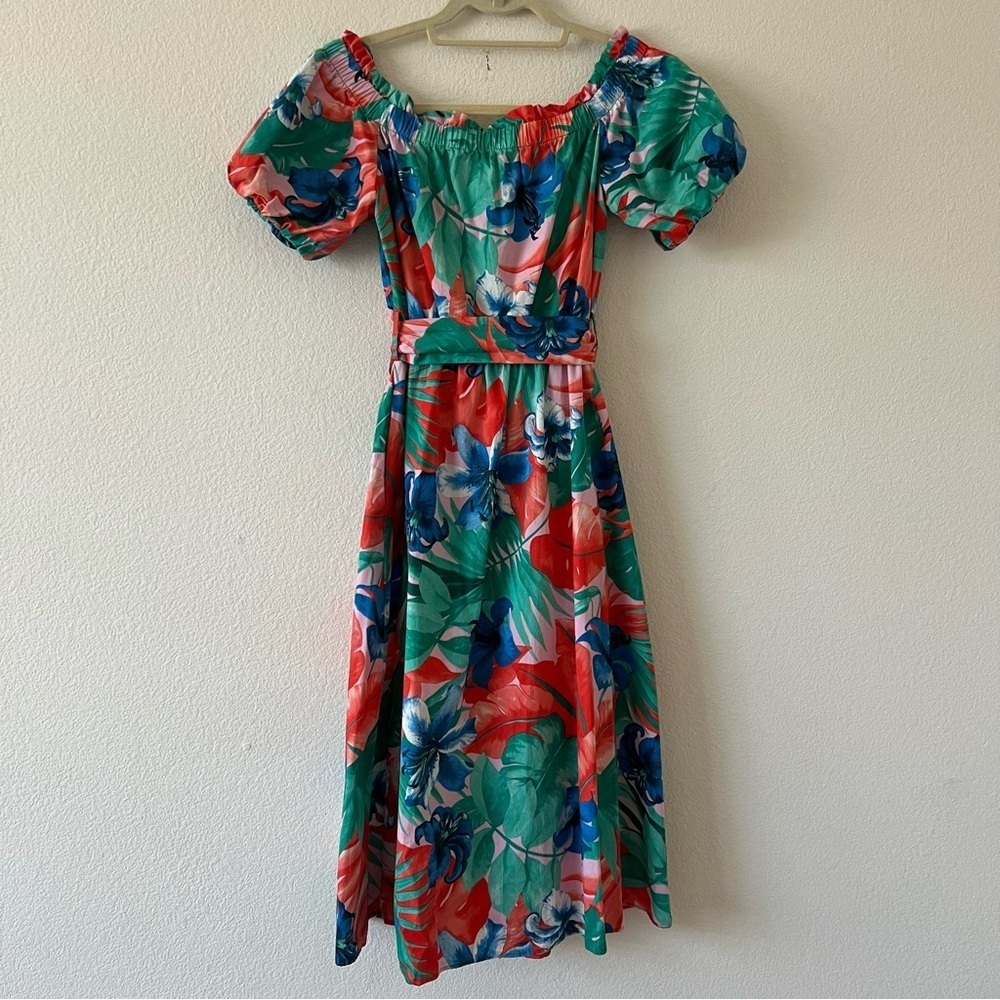 Zara Tropical Floral Off Shoulder Midi Dress S Pockets Puff Sleeve Resort Summer - Picture 13 of 16